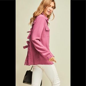 Solid button down shirt featuring contrast lace